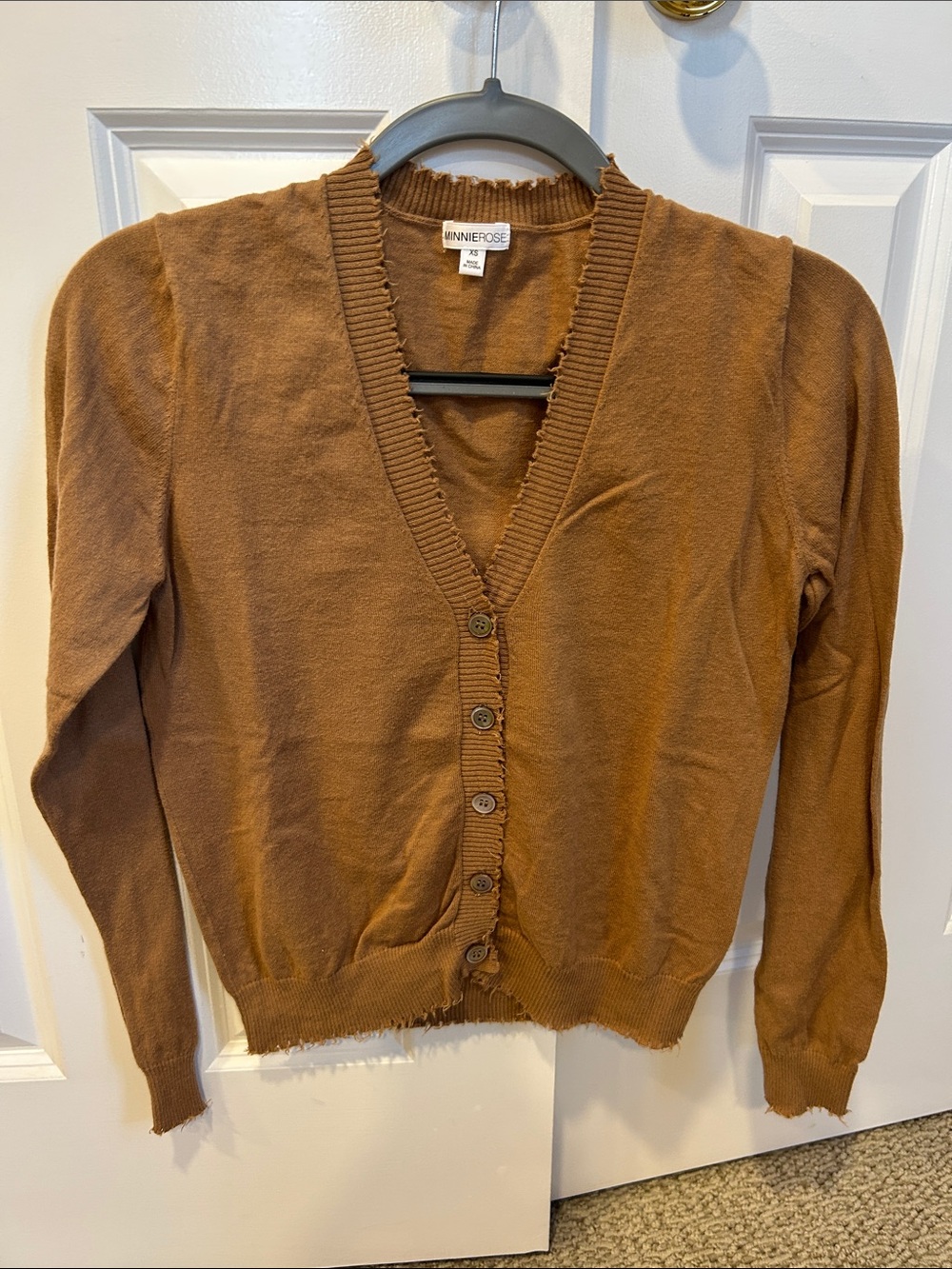 Minnie Rose Camel Button-Front V-Neck Cardigan